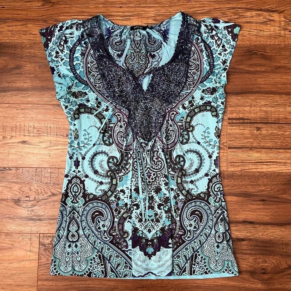 Blue‎ Purple Paisley Stretch Top Beaded Lace Flow Boho Y2K Women S Fairycore